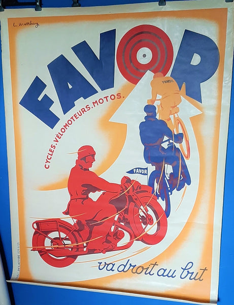 FAVOR Motorcycles, Velos, Bicycles - Original Poster c.1928 Art Deco, France